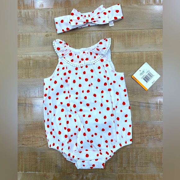 Little Me baby girl matching strawberry bubble romper onesie dress headband - Picture 2 of 8